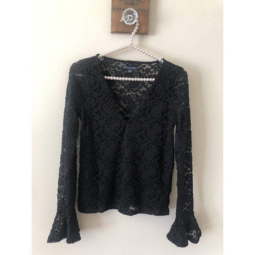 American Eagle Outfitters Size S Black Lace Top Long Bell Sleeves Stretchy